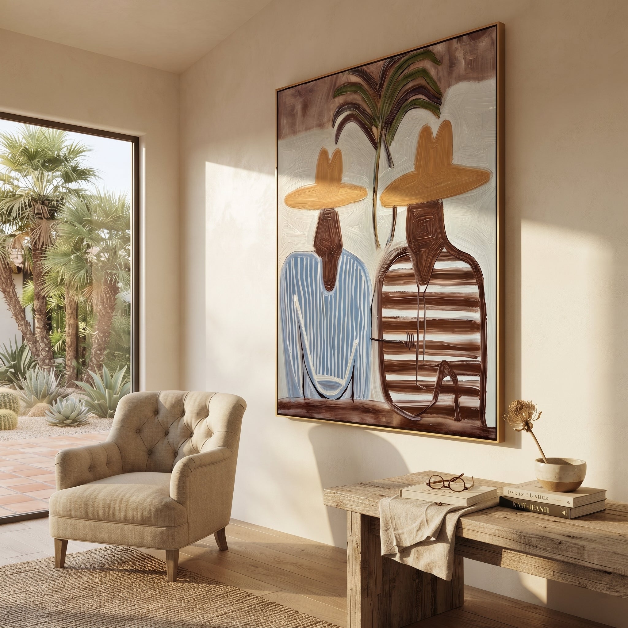 Twin Stripes Meet Palms presented above a contemporary console