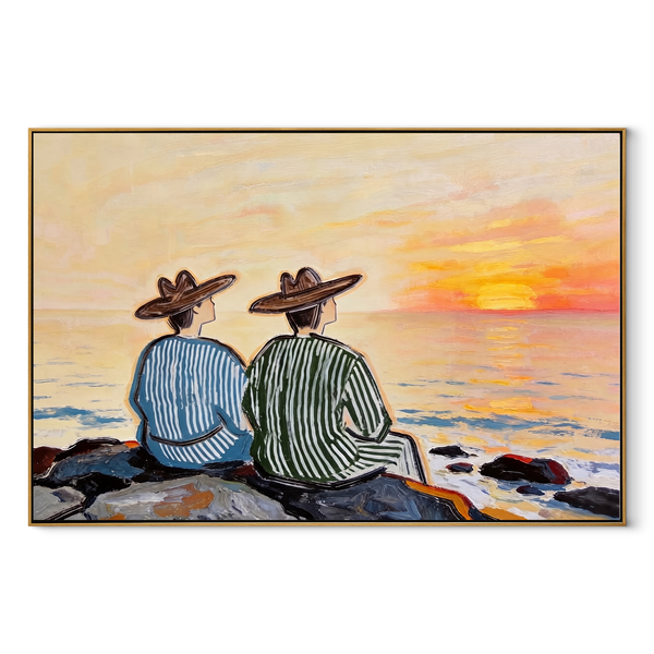 Sunset Waits Behind Stripes – Sunset Coastal Pair Painting | Modern Coastal Horizontal Wall Art
