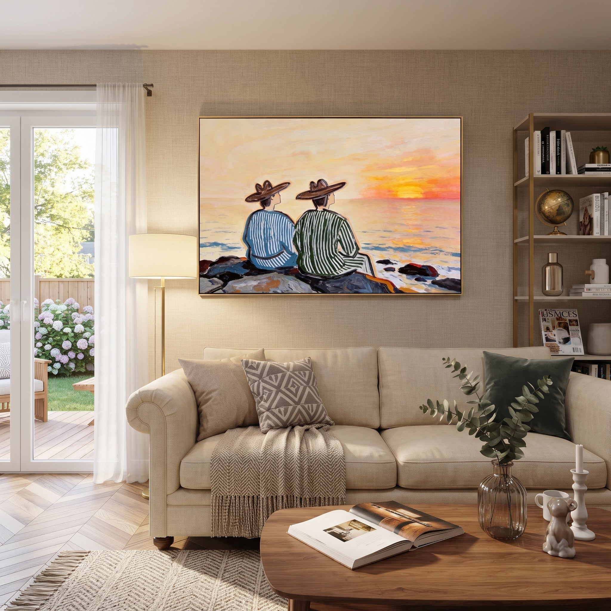 Sunset Waits Behind Stripes displayed as a modern room focal point