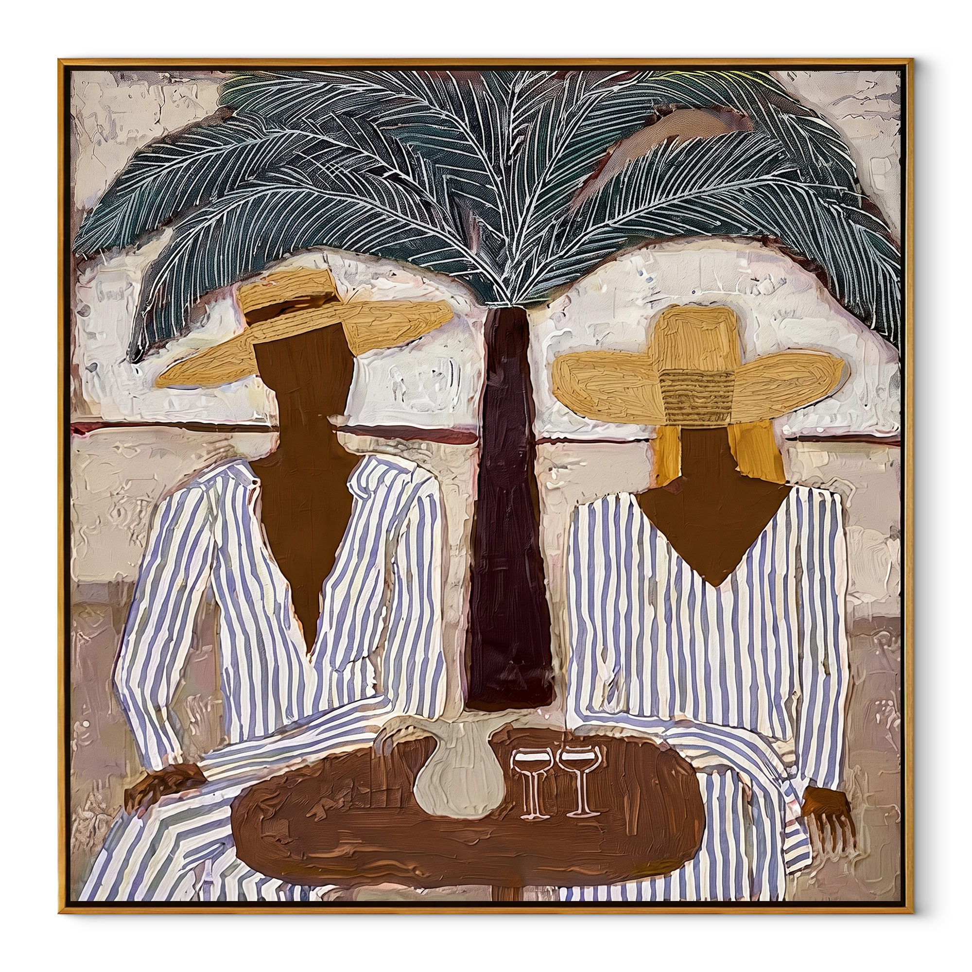 Palm Shade Sets Table coastal figurative textured painting, square canvas artwork