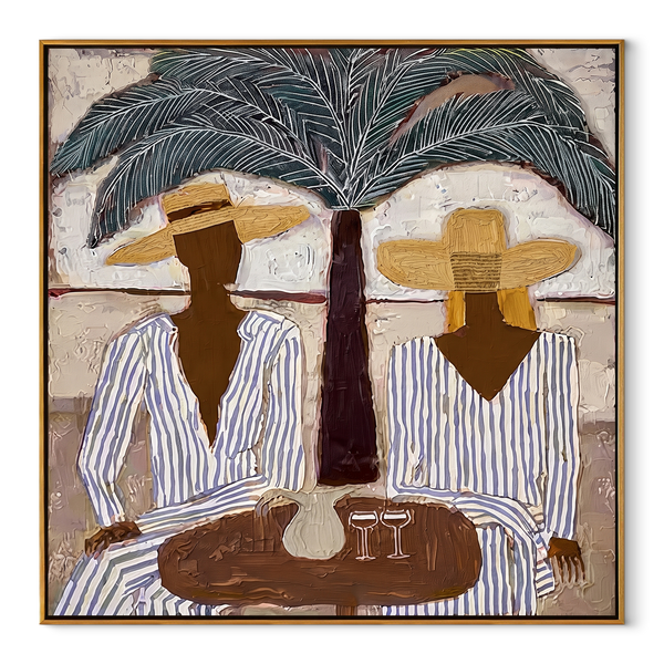 Palm Shade Sets Table – Striped Resort Table Painting | Modern Coastal Square Wall Art