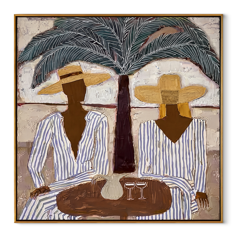 Palm Shade Sets Table – Striped Resort Table Painting | Modern Coastal Square Wall Art