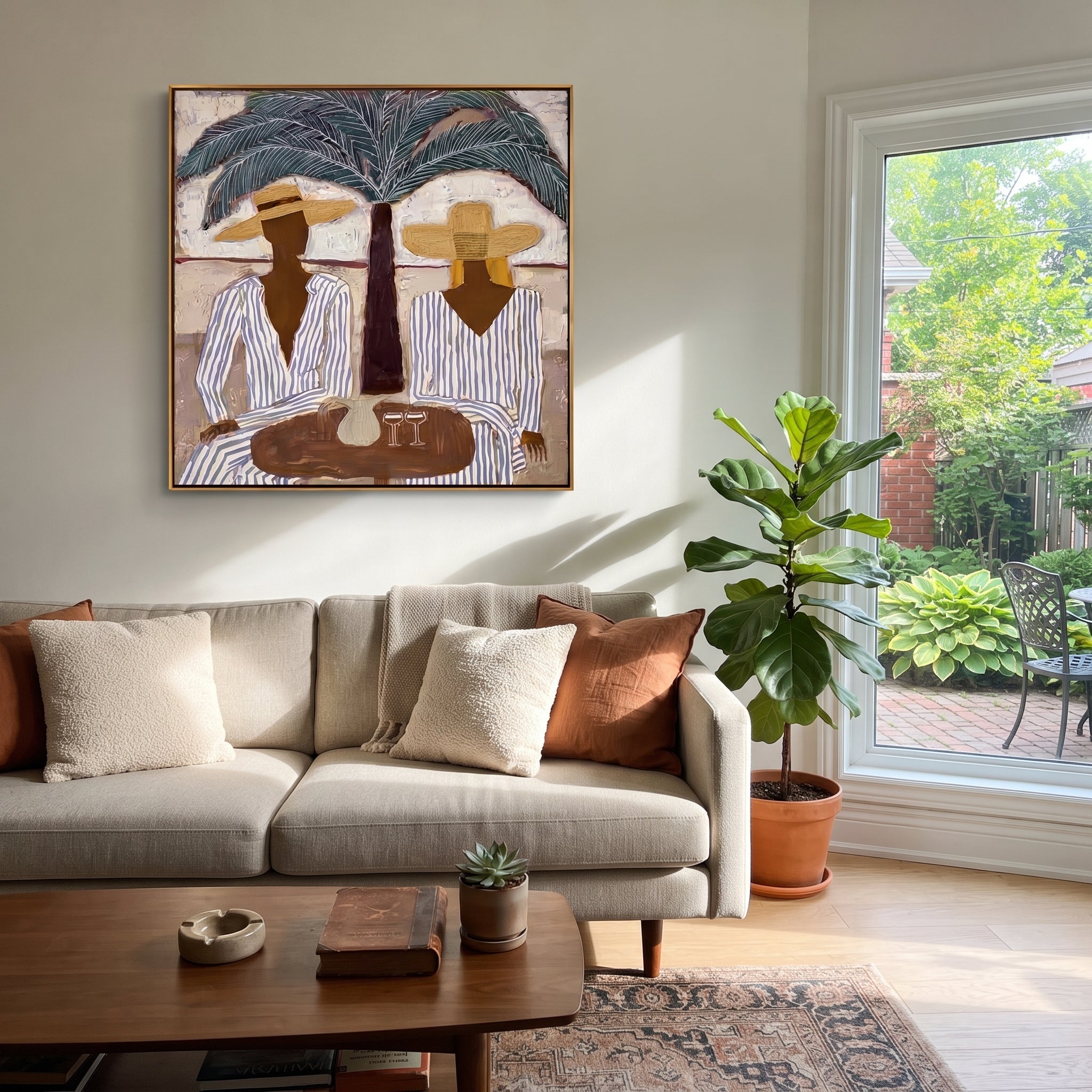 Palm Shade Sets Table styled with neutral modern furnishings