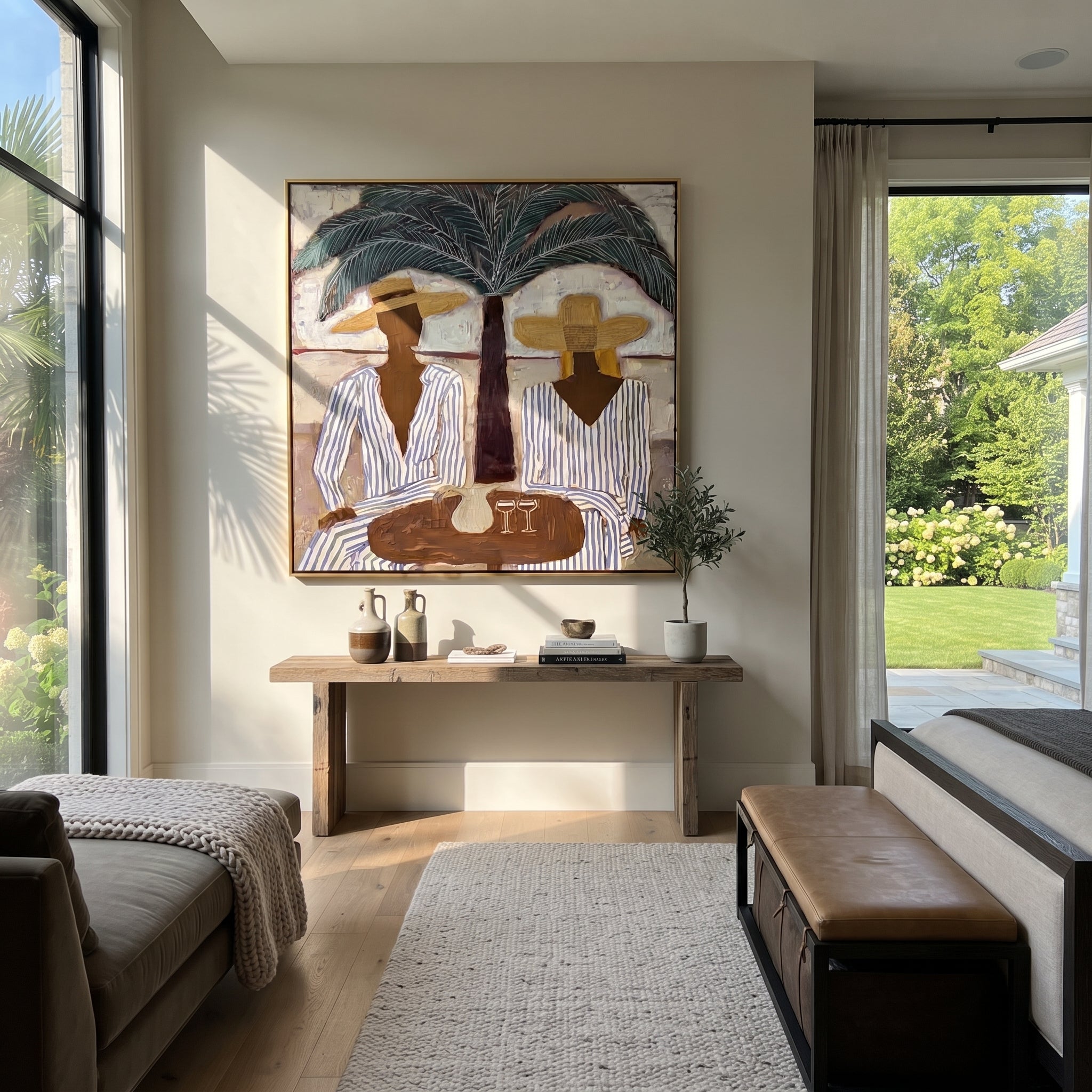 Palm Shade Sets Table presented above a contemporary console