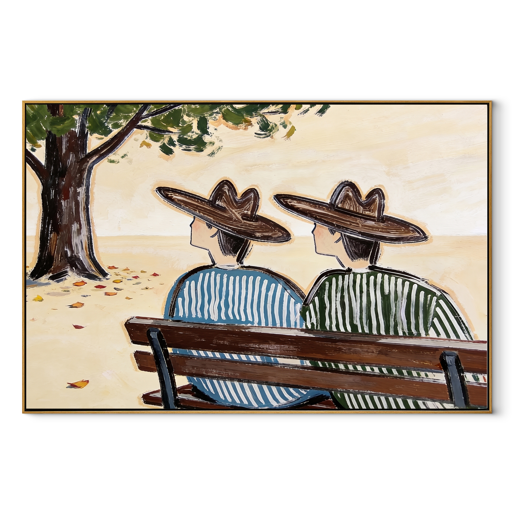 Bench Keeps Coastal Secrets coastal figurative textured painting, horizontal canvas artwork