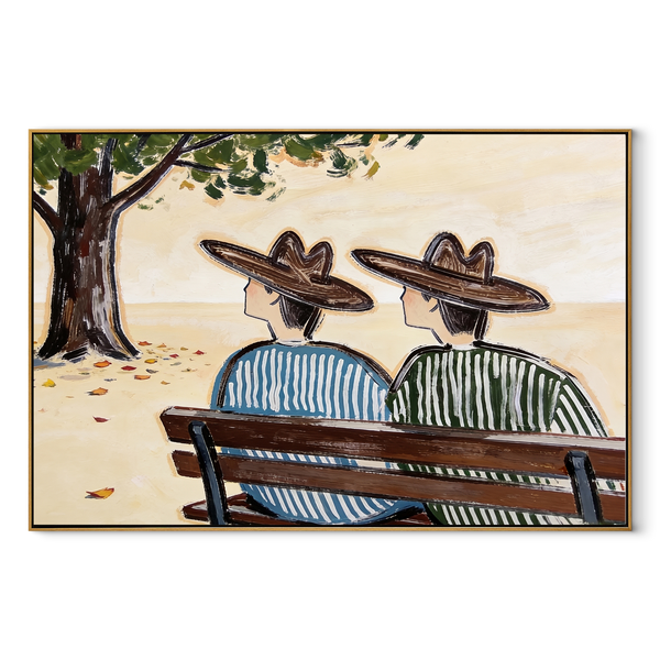 Bench Keeps Coastal Secrets – Seaside Bench Pair Painting | Modern Coastal Horizontal Wall Art