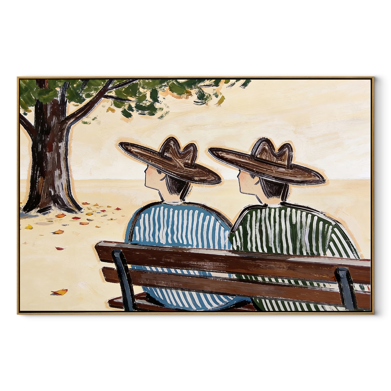 Bench Keeps Coastal Secrets – Seaside Bench Pair Painting | Modern Coastal Horizontal Wall Art