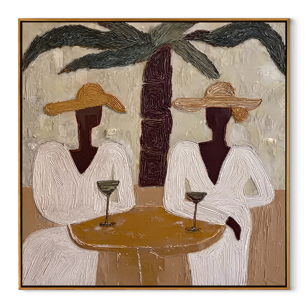 Two Cocktails Find Shade – Palm Cocktail Pair Painting | Modern Coastal Square Wall Art