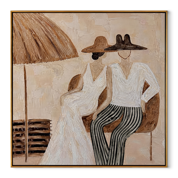 Parasol Holds Their Silence – Parasol Resort Couple Painting | Modern Coastal Square Wall Art