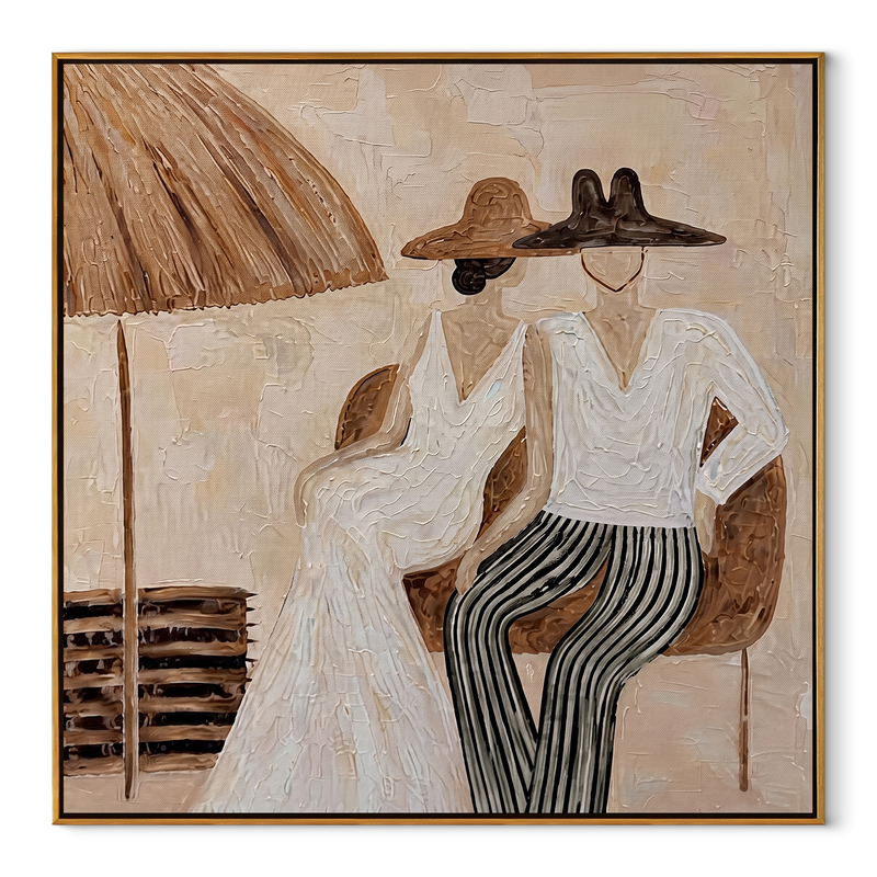 Parasol Holds Their Silence – Parasol Resort Couple Painting | Modern Coastal Square Wall Art