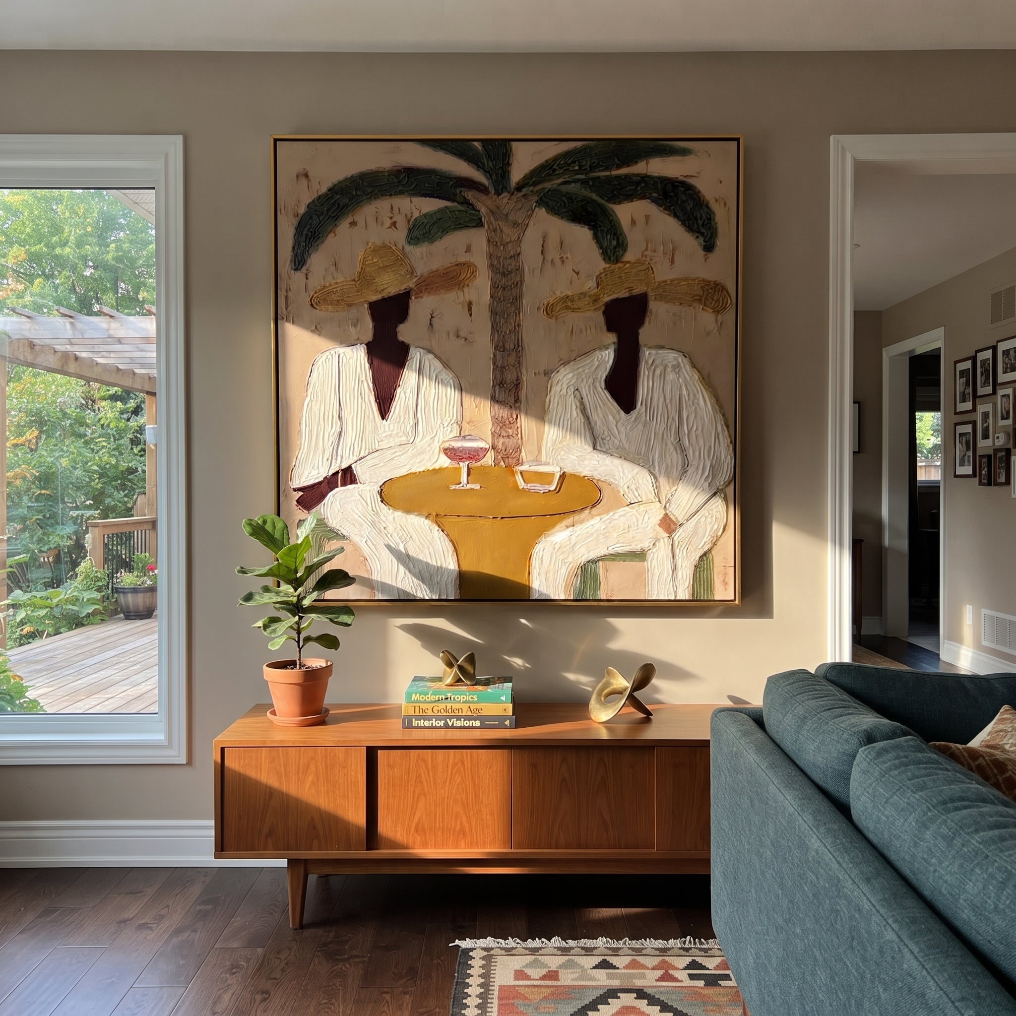 Palm Lunch Slows Time displayed in a warm contemporary interior
