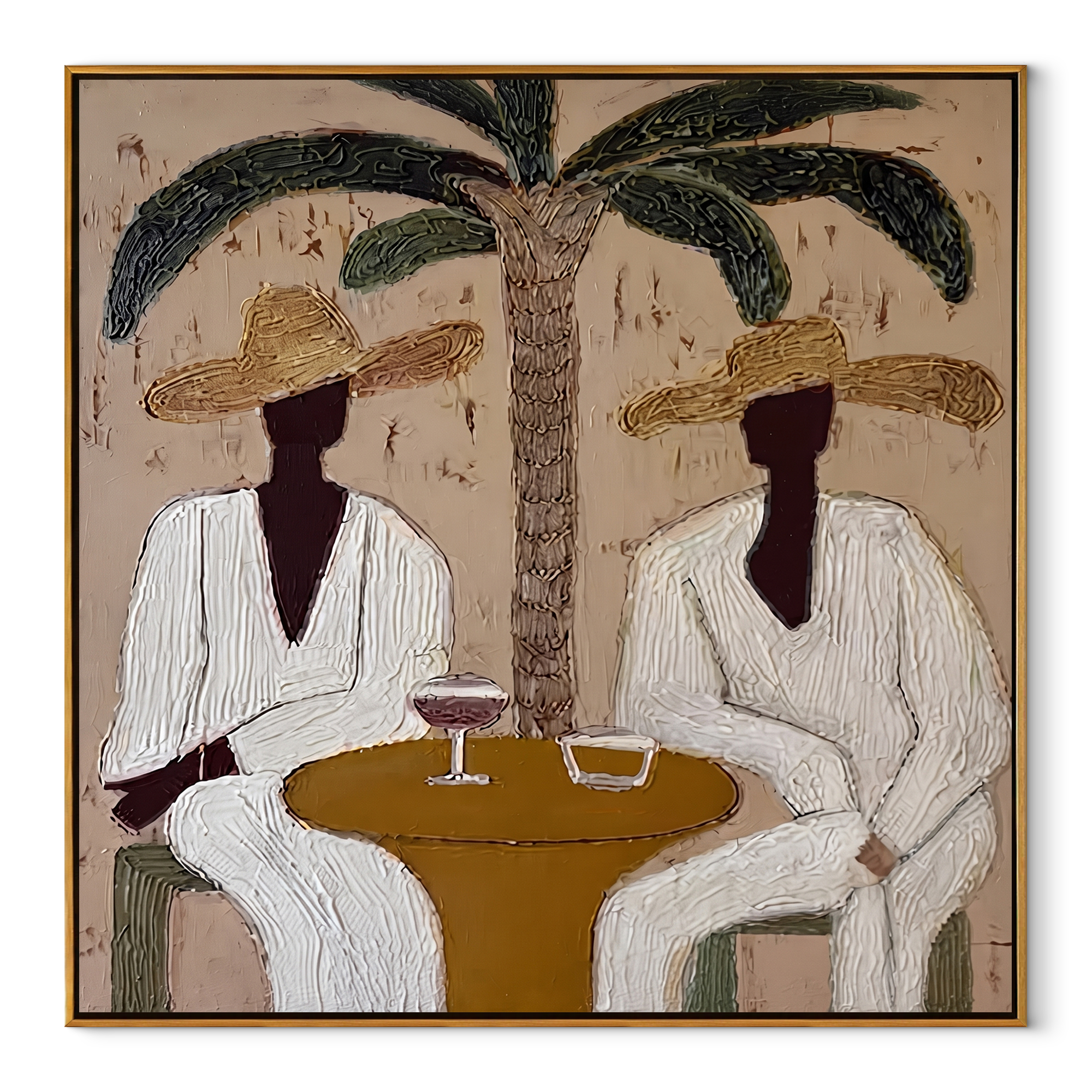 Palm Lunch Slows Time coastal figurative textured painting, square canvas artwork