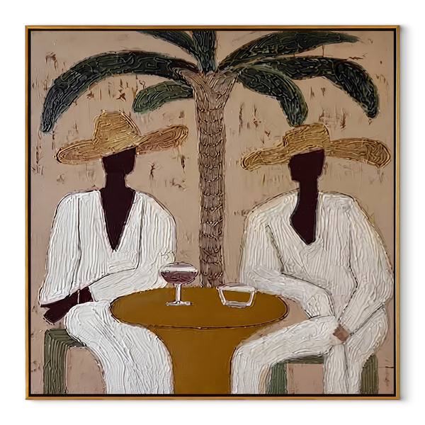 Palm Lunch Slows Time – Palm Lunch Pair Painting | Modern Coastal Square Wall Art