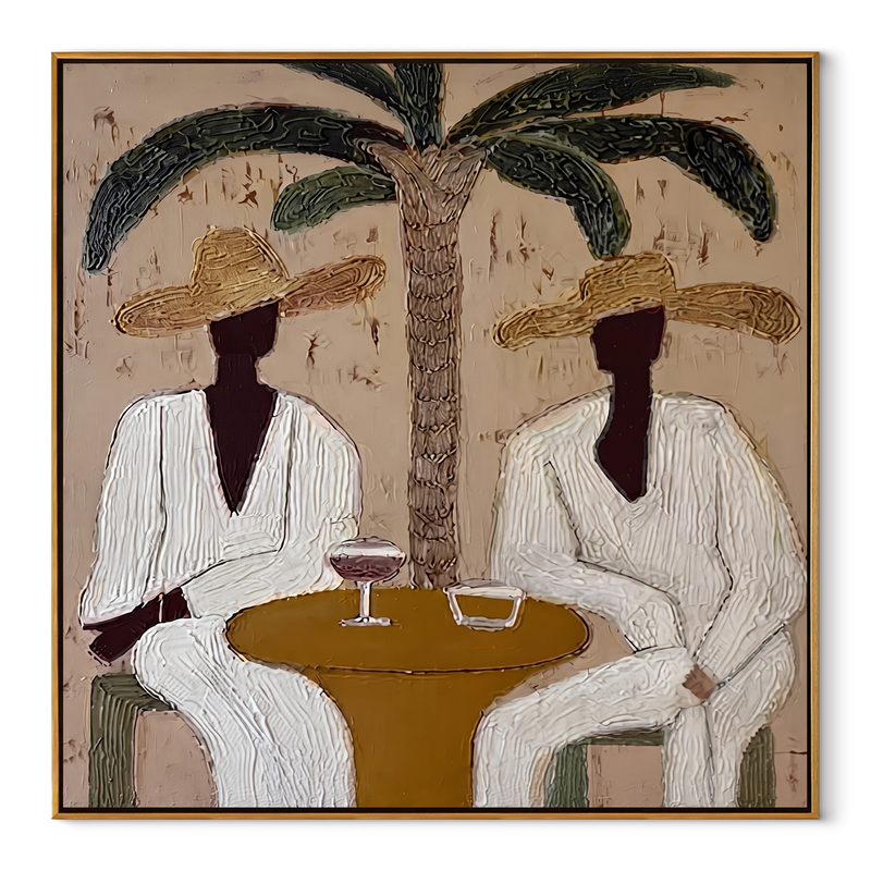 Palm Lunch Slows Time – Palm Lunch Pair Painting | Modern Coastal Square Wall Art