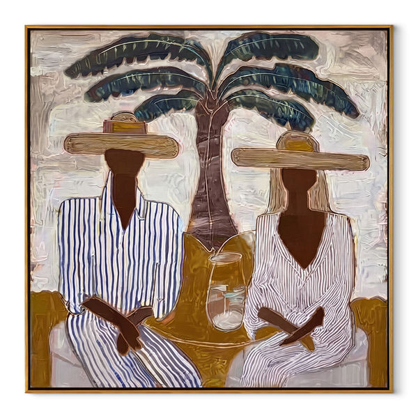 Striped Company Greets Noon – Striped Palm Couple Painting | Modern Coastal Square Wall Art
