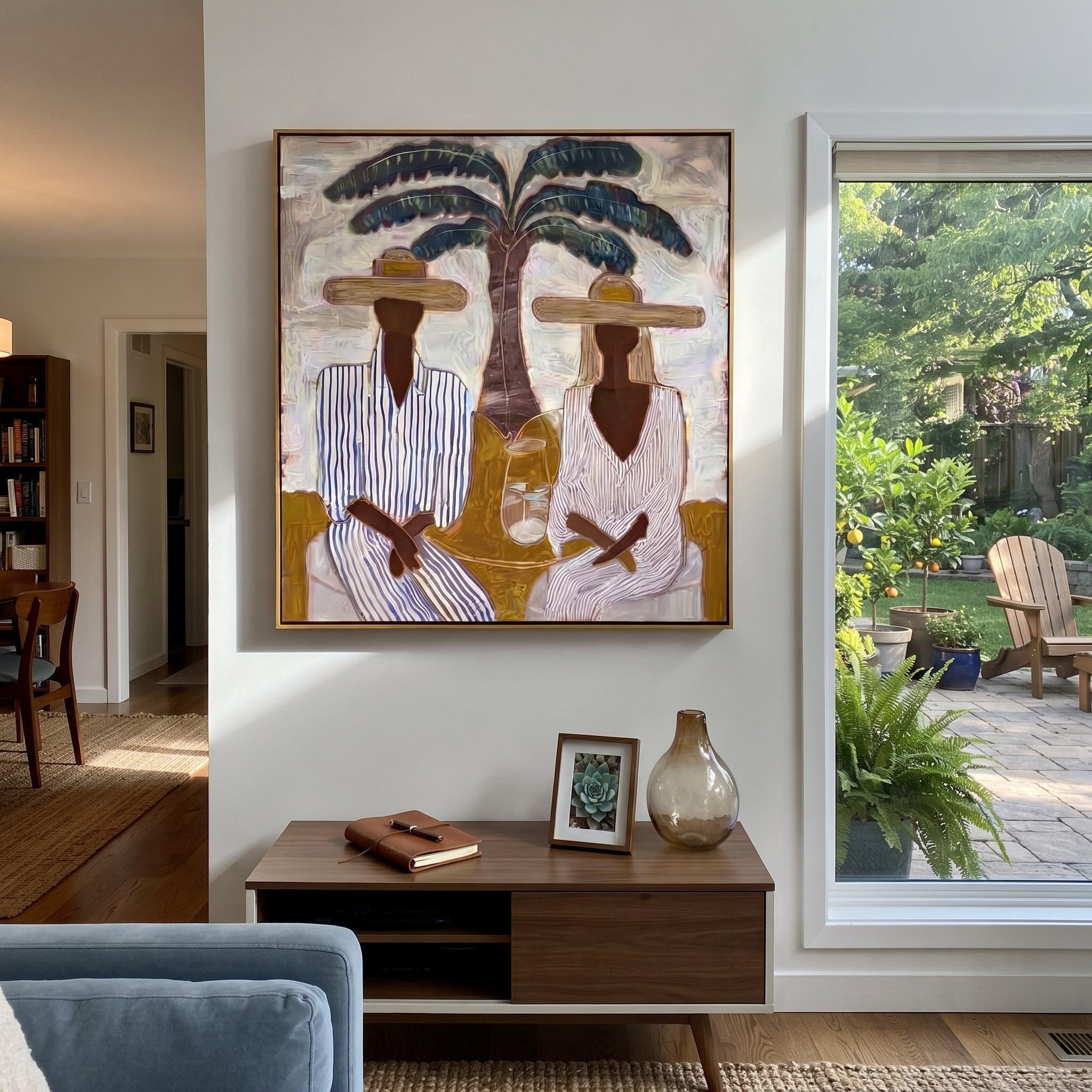 Striped Company Greets Noon presented above a contemporary console