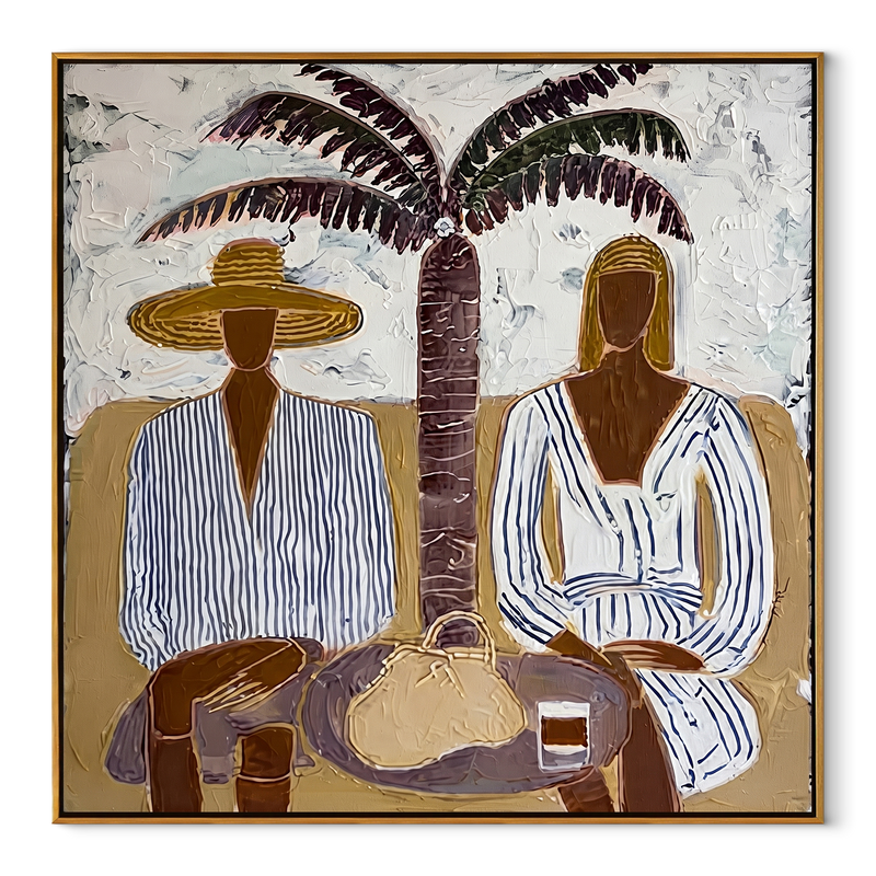 Palm Shade Holds Lunch – Palm Lunch Figure Painting | Modern Coastal Square Wall Art