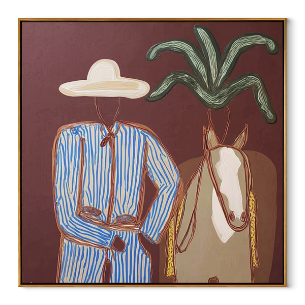 Blue Stripes Guide Mare – Coastal Horse Rider Painting | Modern Coastal Square Wall Art