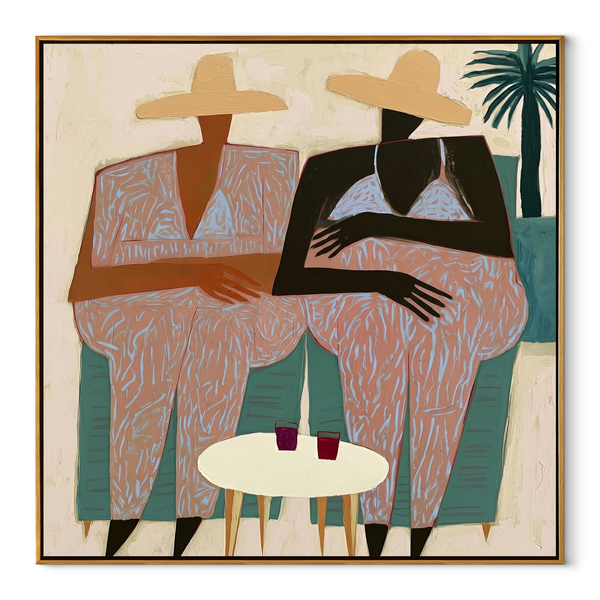 Pink Florals Sit Together – Floral Resort Pair Painting | Modern Coastal Square Wall Art