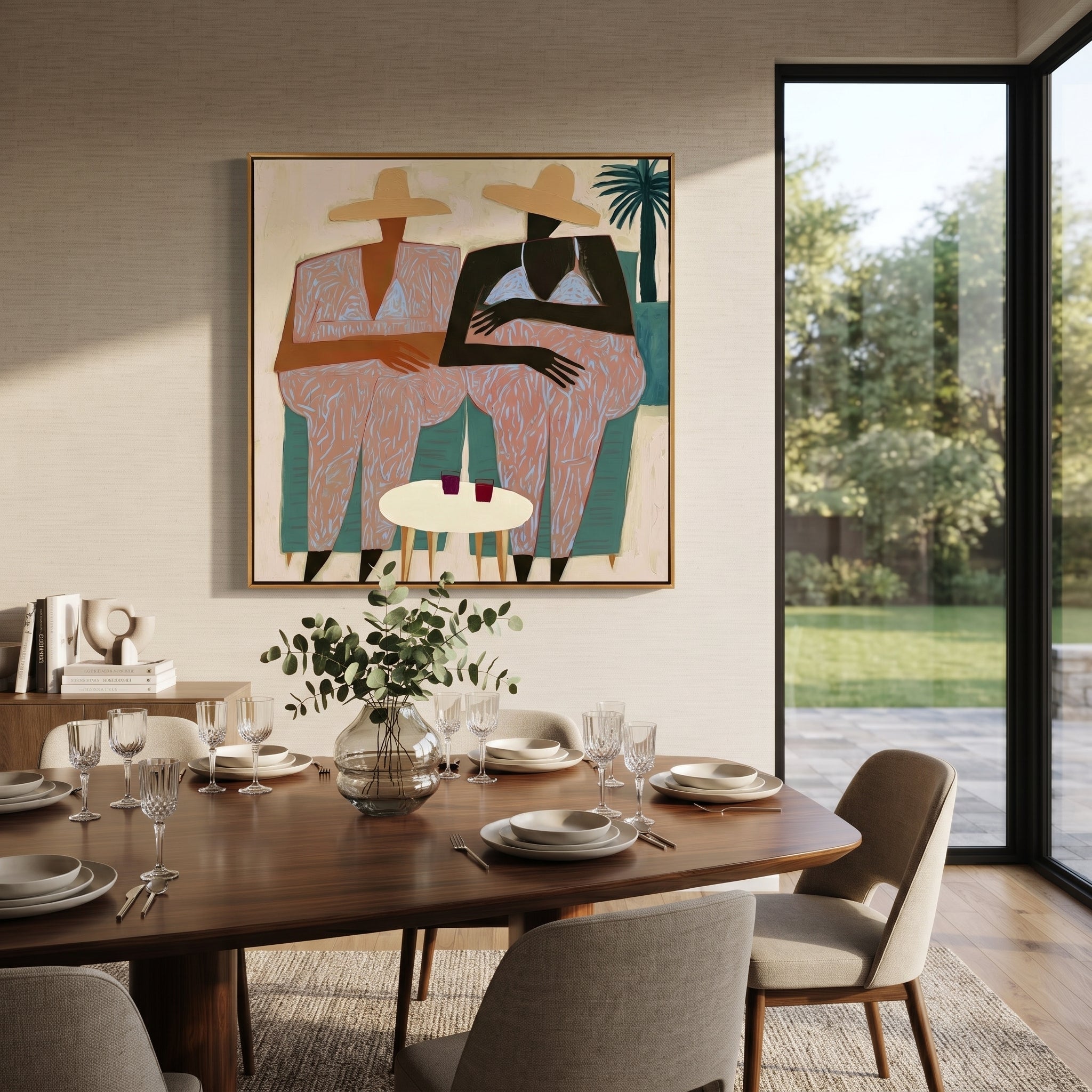 Pink Florals Sit Together presented above a contemporary console