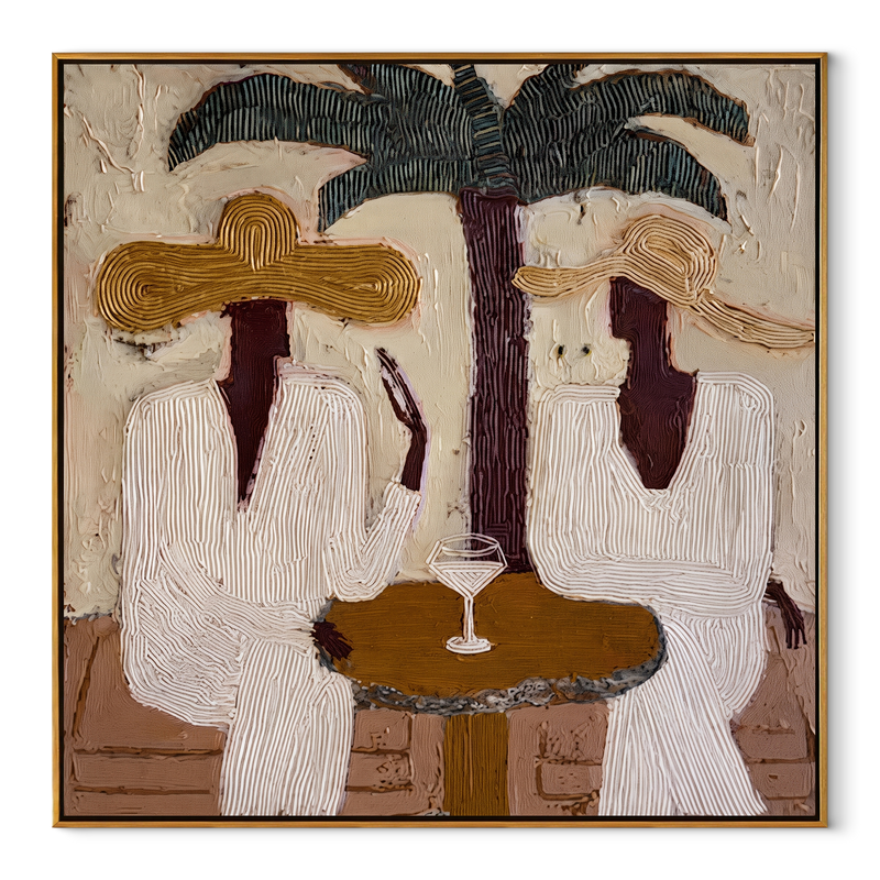 Palms Frame Quiet Toast – Palm Martini Pair Painting | Modern Coastal Square Wall Art