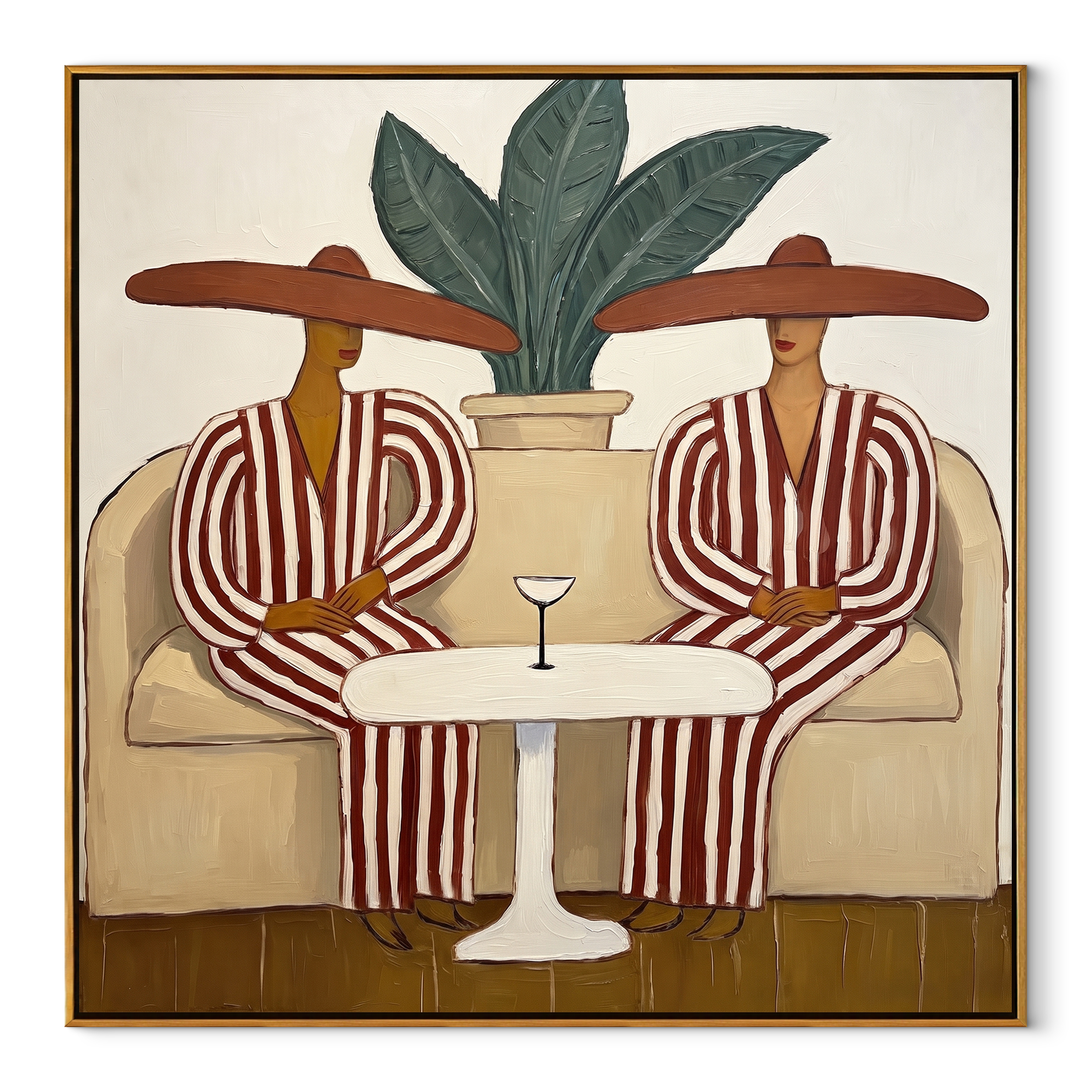 Red Stripes Wait Together coastal figurative textured painting, square canvas artwork