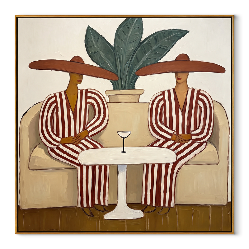 Red Stripes Wait Together – Red Striped Lounge Pair Painting | Modern Coastal Square Wall Art