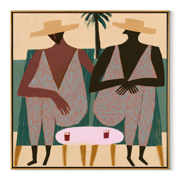 Pink Suits Face Palms – Pink Resort Figure Pair Painting | Modern Coastal Square Wall Art