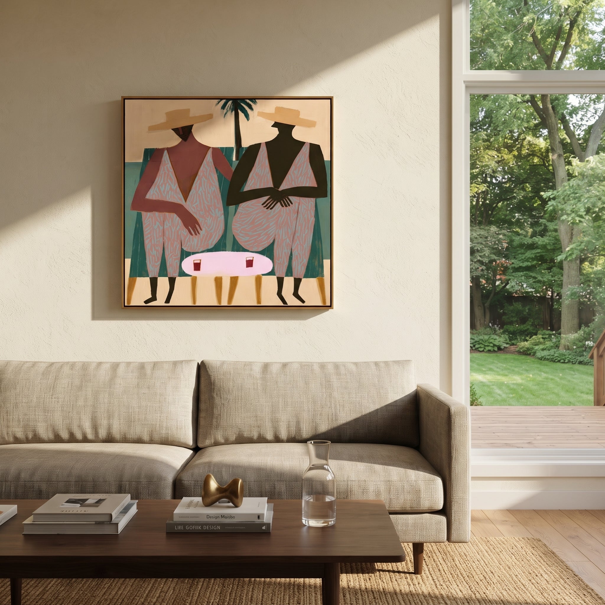 Pink Suits Face Palms styled with neutral modern furnishings