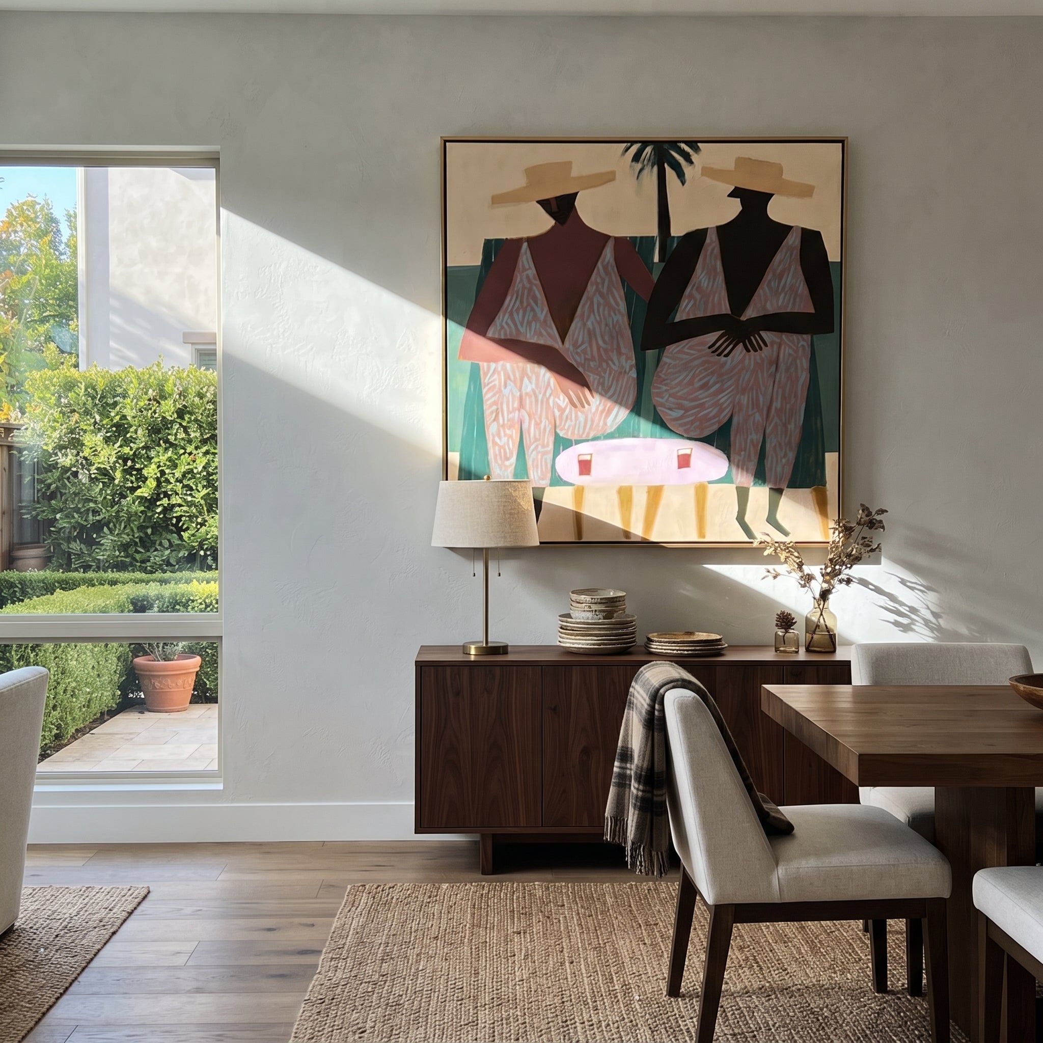 Pink Suits Face Palms presented above a contemporary console