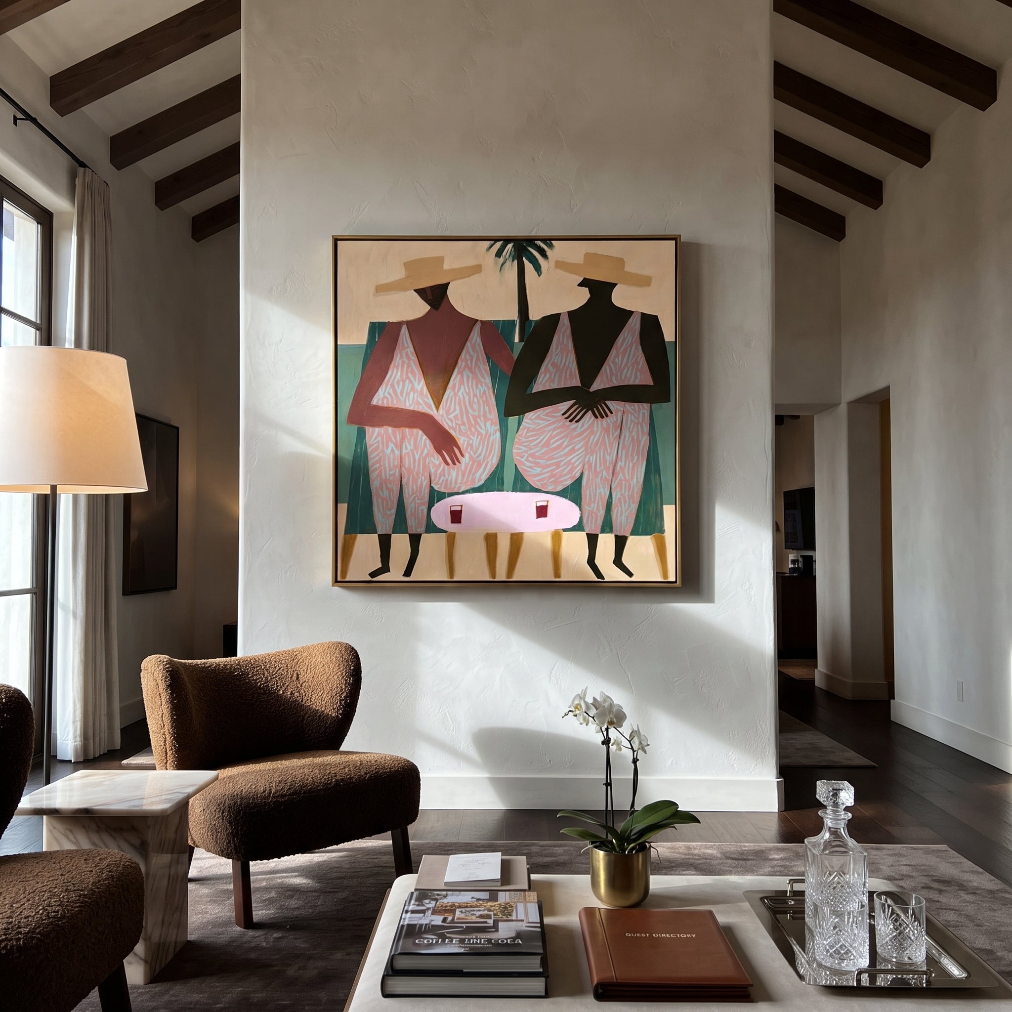 Pink Suits Face Palms styled in a layered residential interior