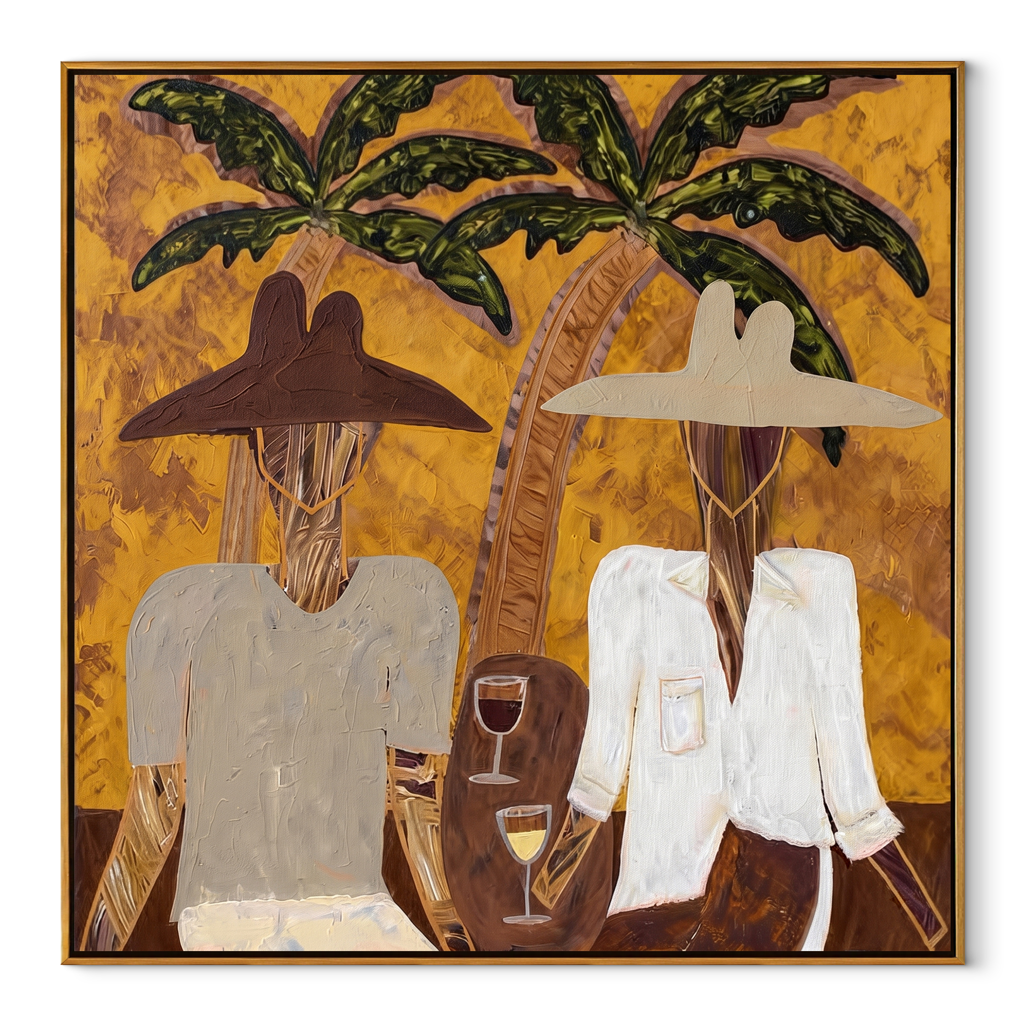 White Jackets Hold Sunset coastal figurative textured painting, square canvas artwork