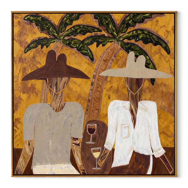 White Jackets Hold Sunset – Tropical Cocktail Pair Painting | Modern Coastal Square Wall Art