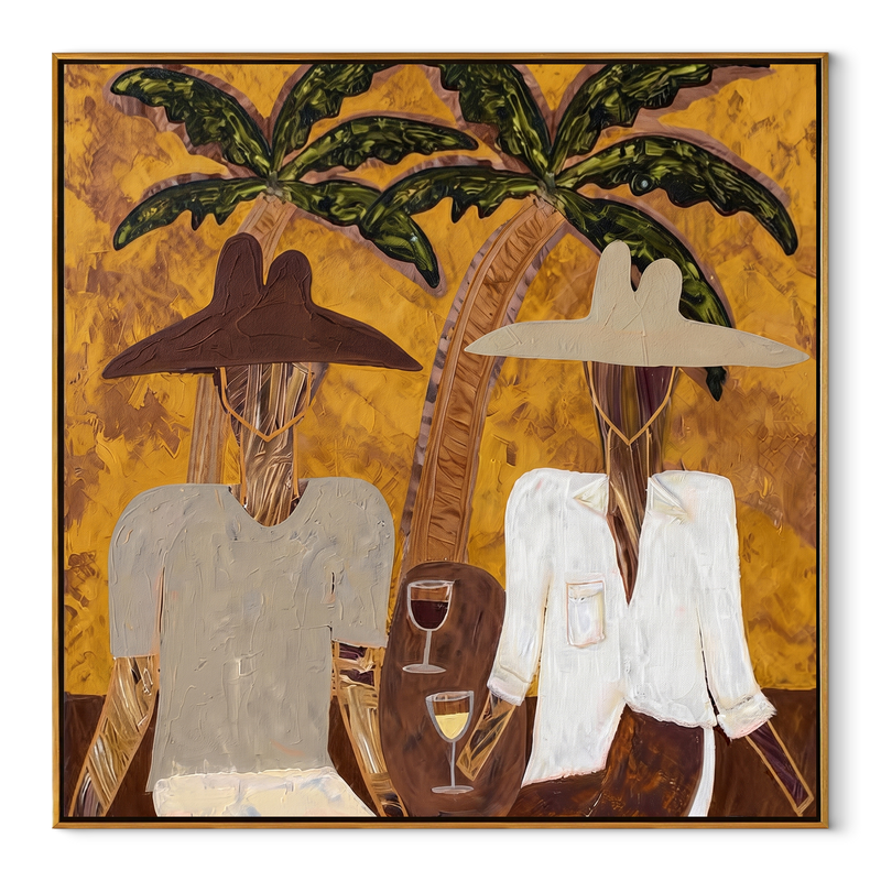 White Jackets Hold Sunset – Tropical Cocktail Pair Painting | Modern Coastal Square Wall Art