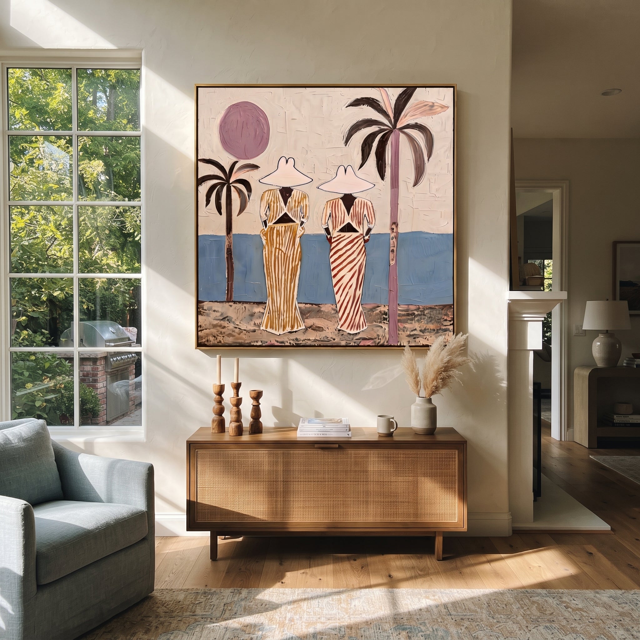 Striped Figures Face Tide displayed in a warm contemporary interior