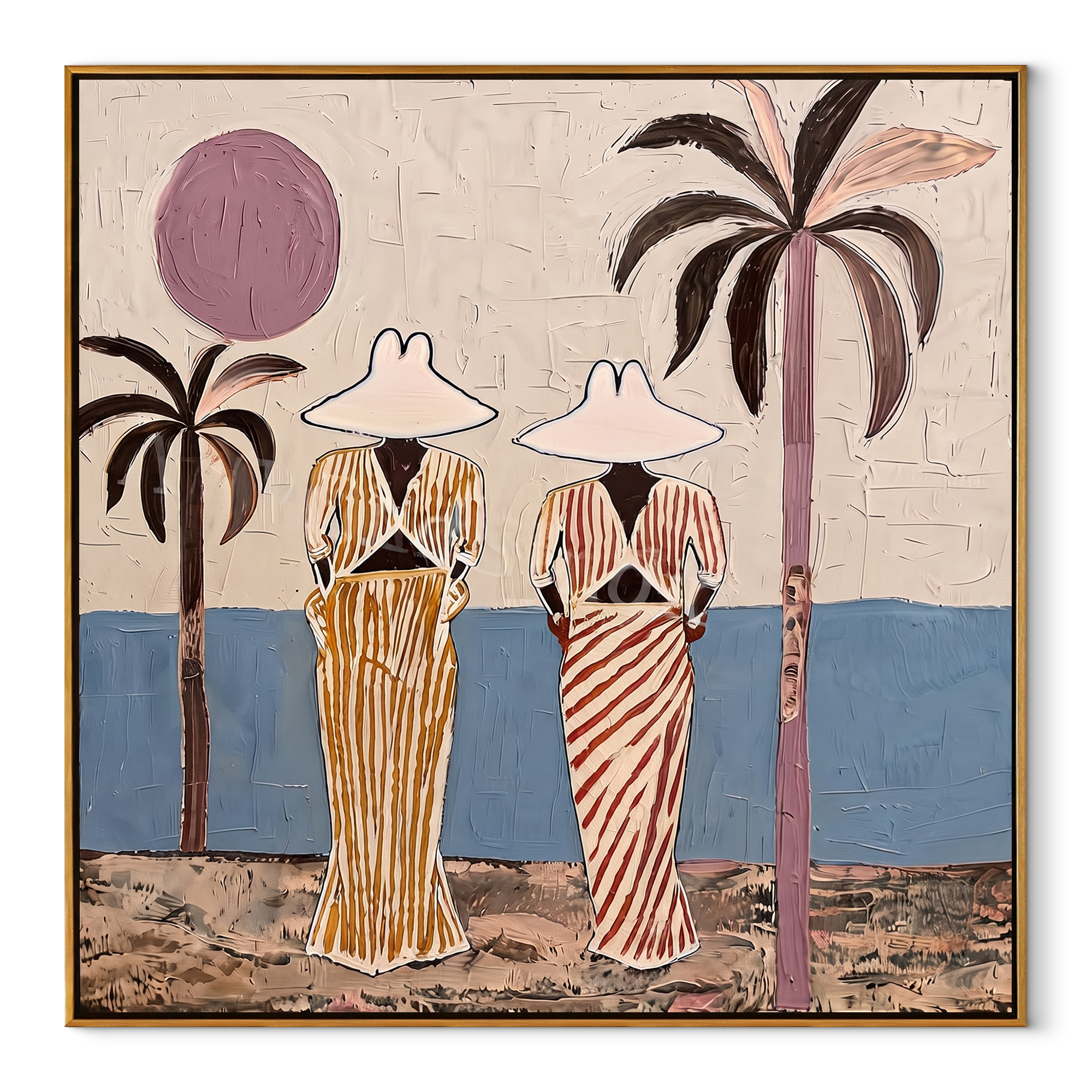 Striped Figures Face Tide coastal figurative textured painting, square canvas artwork