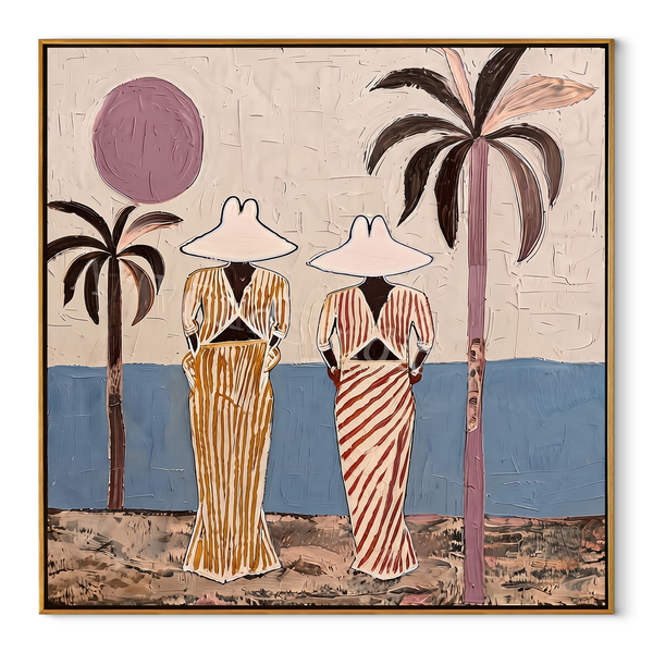 Striped Figures Face Tide – Striped Beach Pair Painting | Modern Coastal Square Wall Art