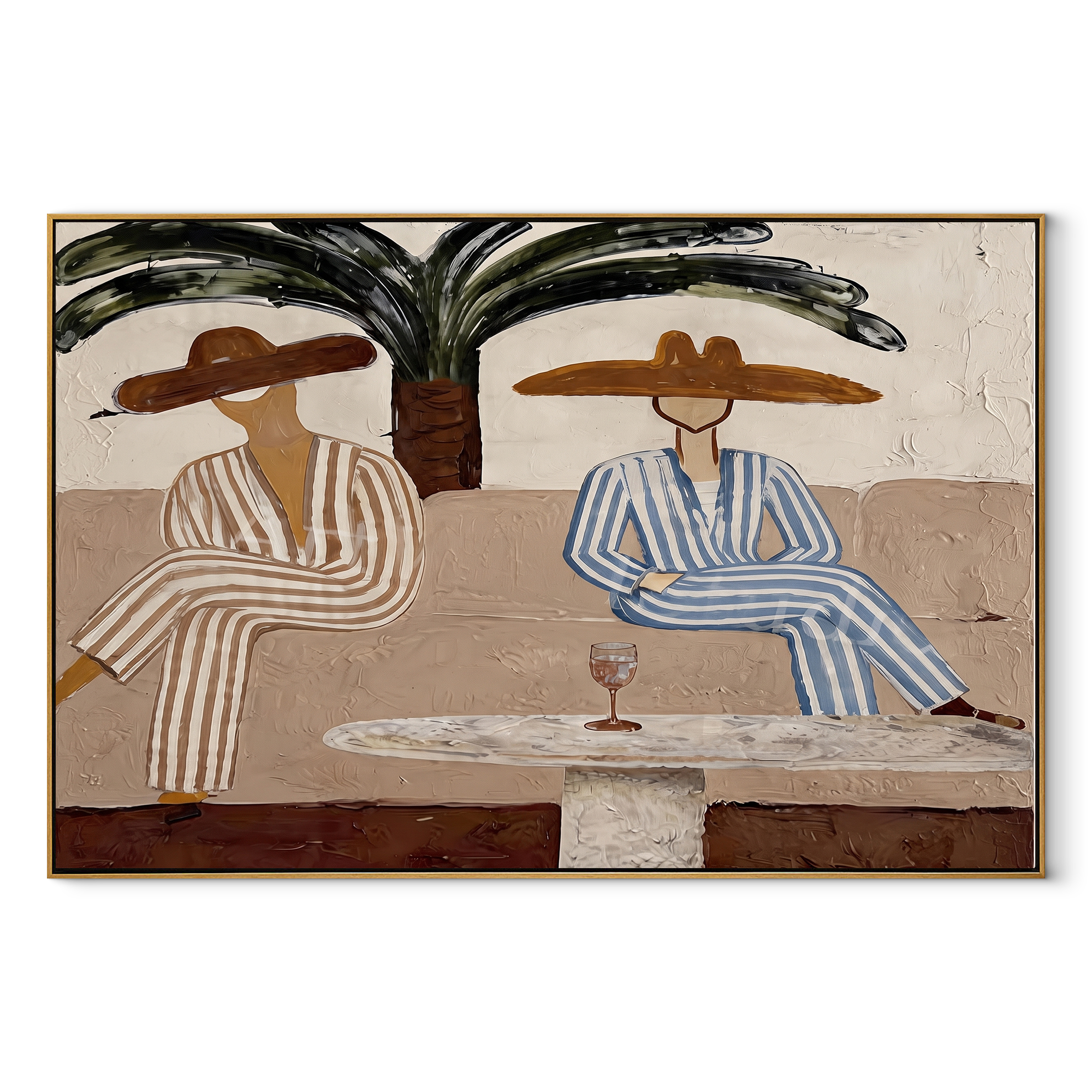 Palm Shade Holds Stripes coastal figurative textured painting, horizontal canvas artwork