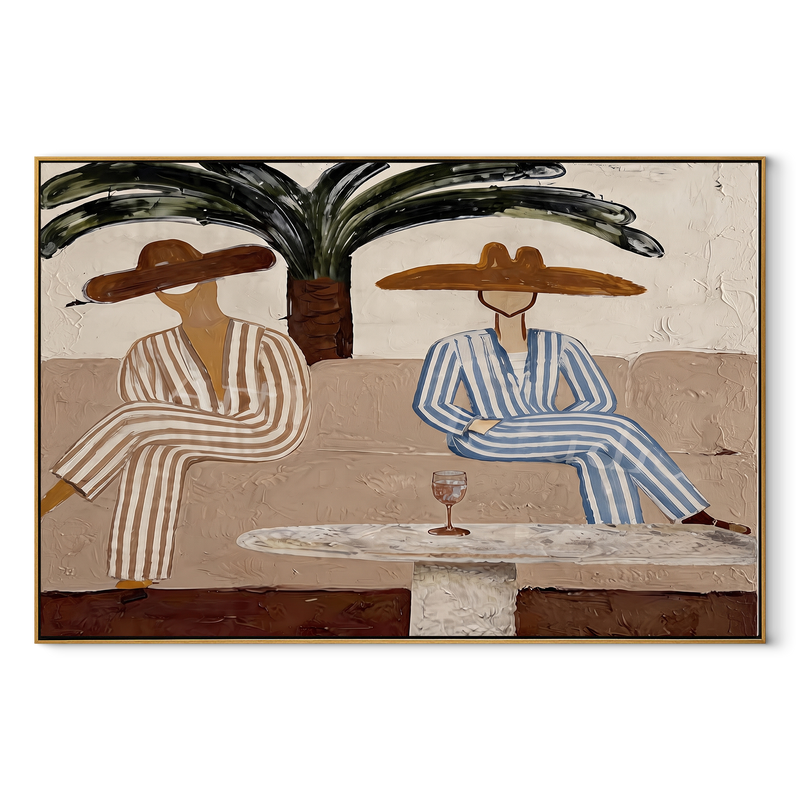 Palm Shade Holds Stripes – Palm Lounge Pair Painting | Modern Coastal Horizontal Wall Art