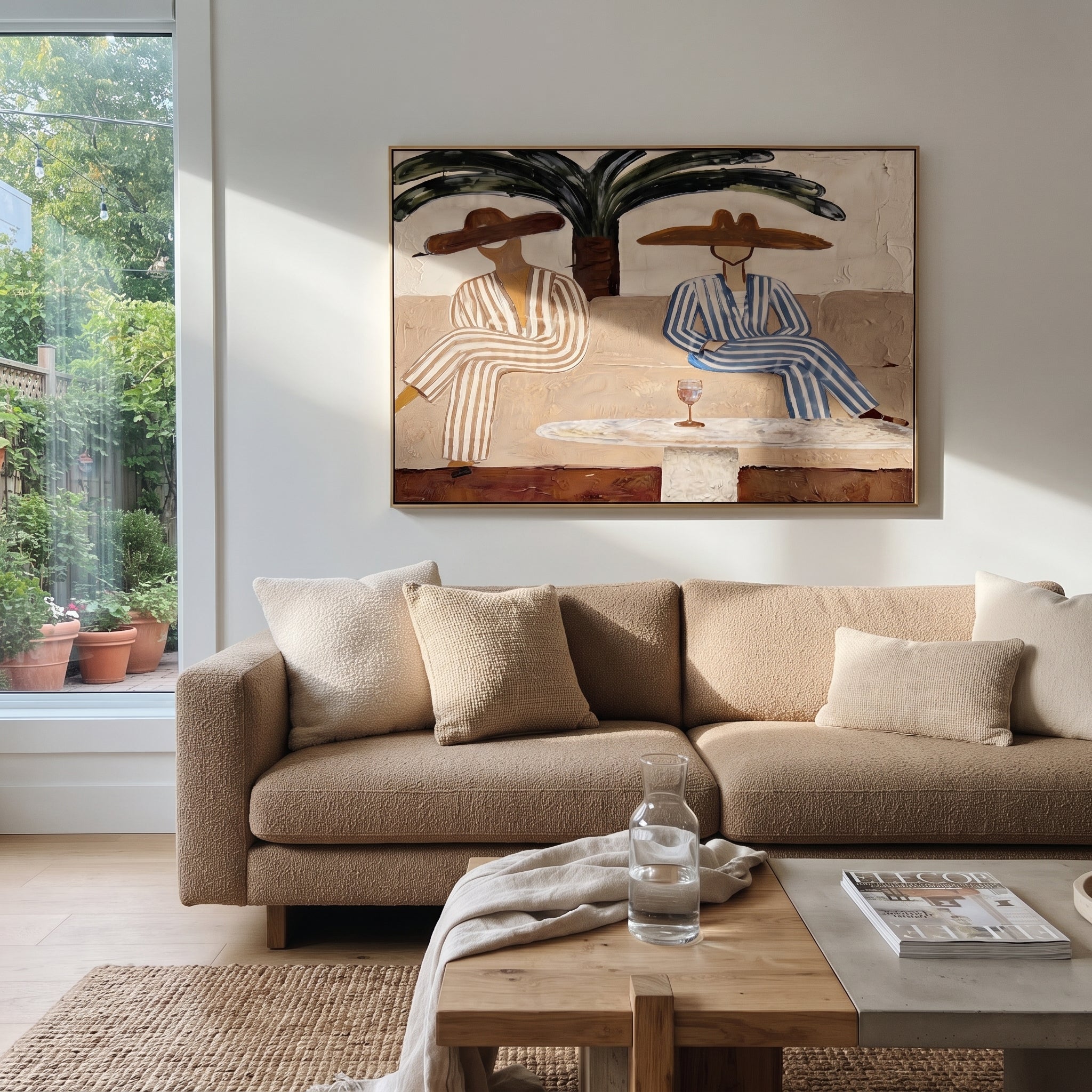 Palm Shade Holds Stripes styled with neutral modern furnishings