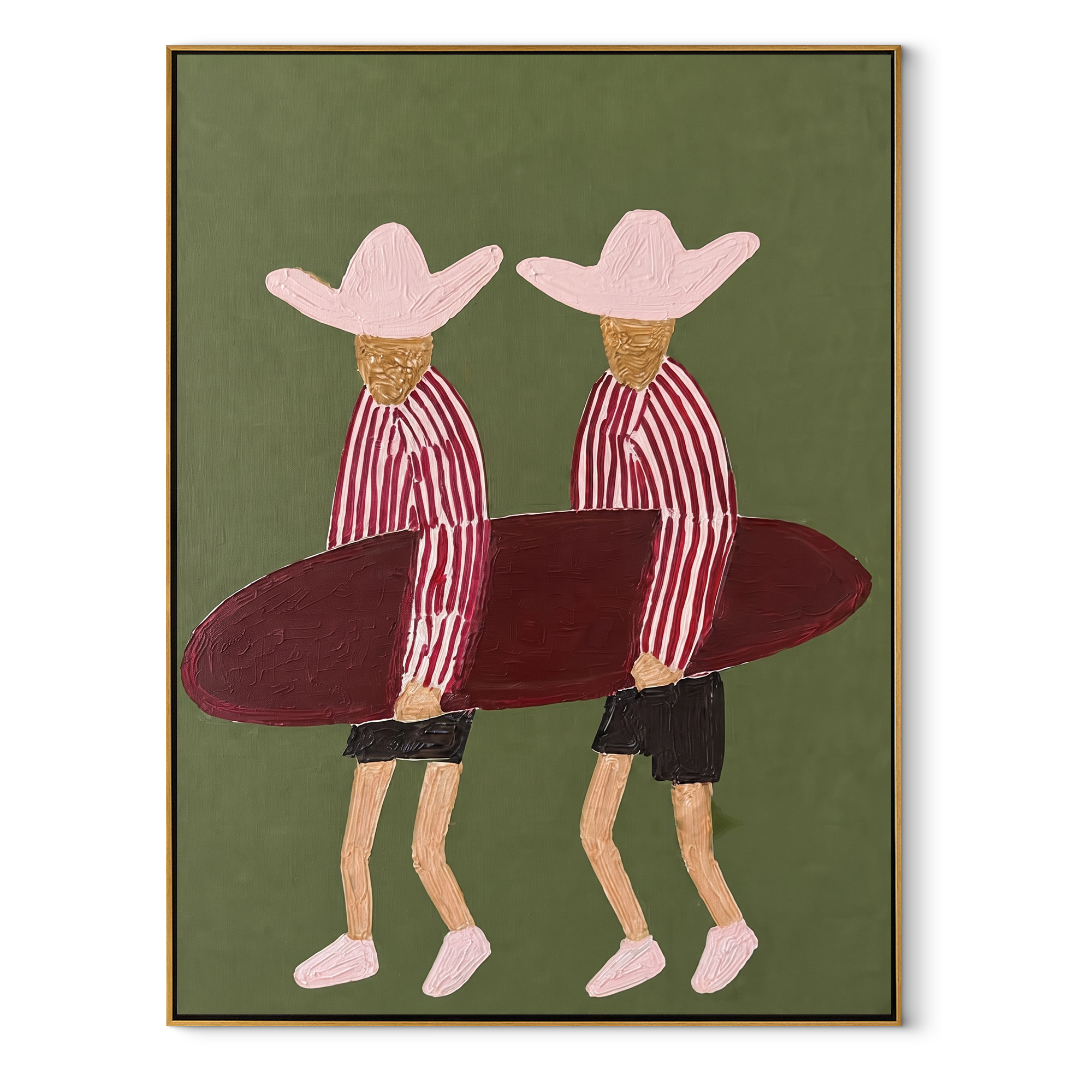 Twin Hats Carry Burgundy coastal figurative textured painting, vertical canvas artwork