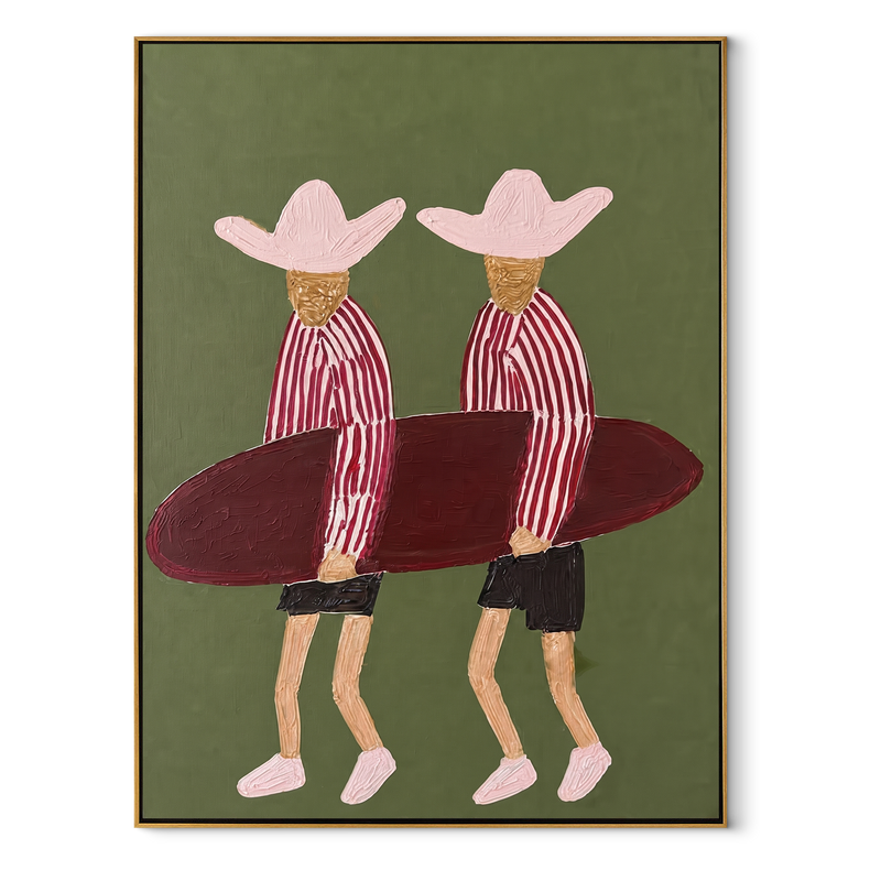 Twin Hats Carry Burgundy – Surfboard Figure Pair Painting | Modern Coastal Vertical Wall Art