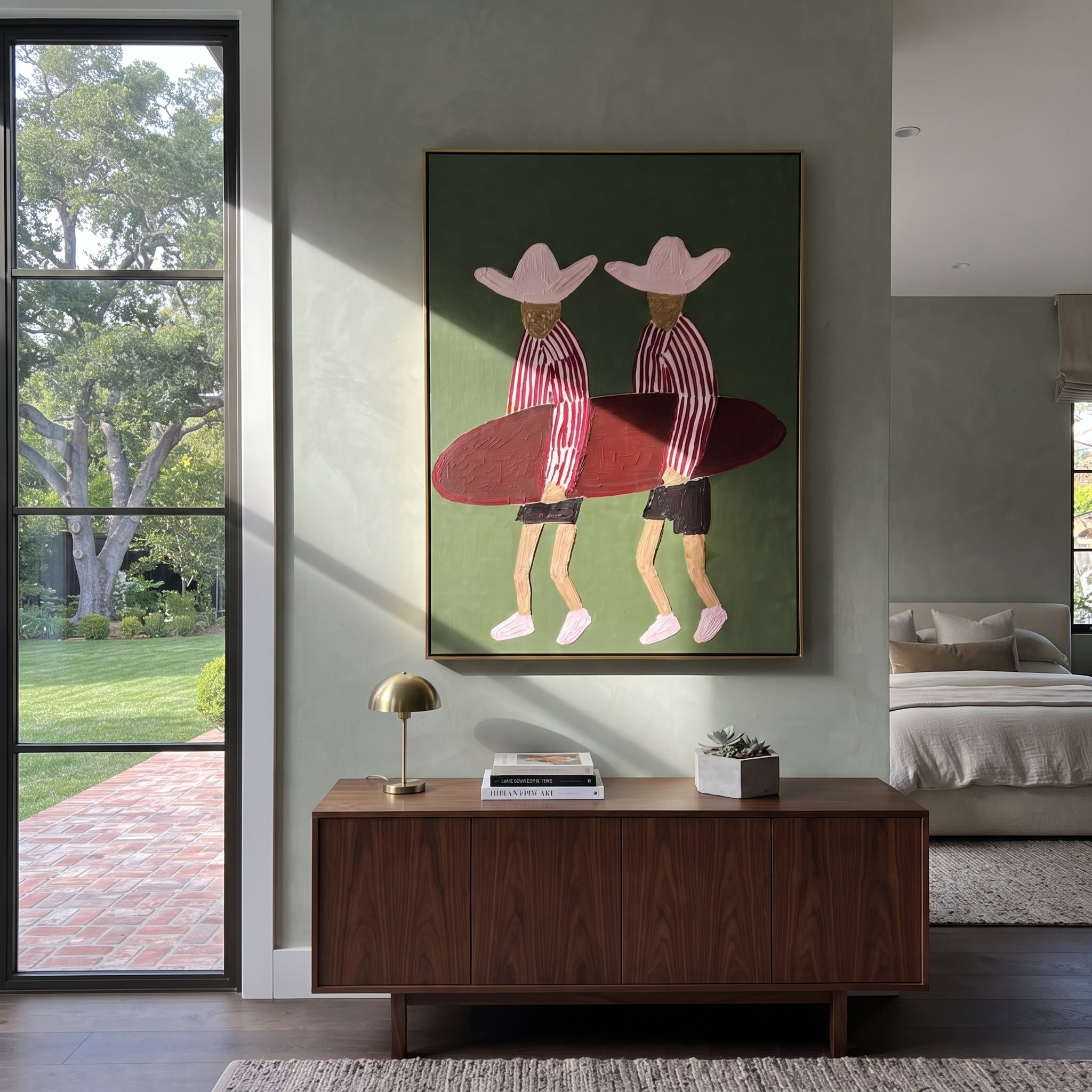 Twin Hats Carry Burgundy presented above a contemporary console