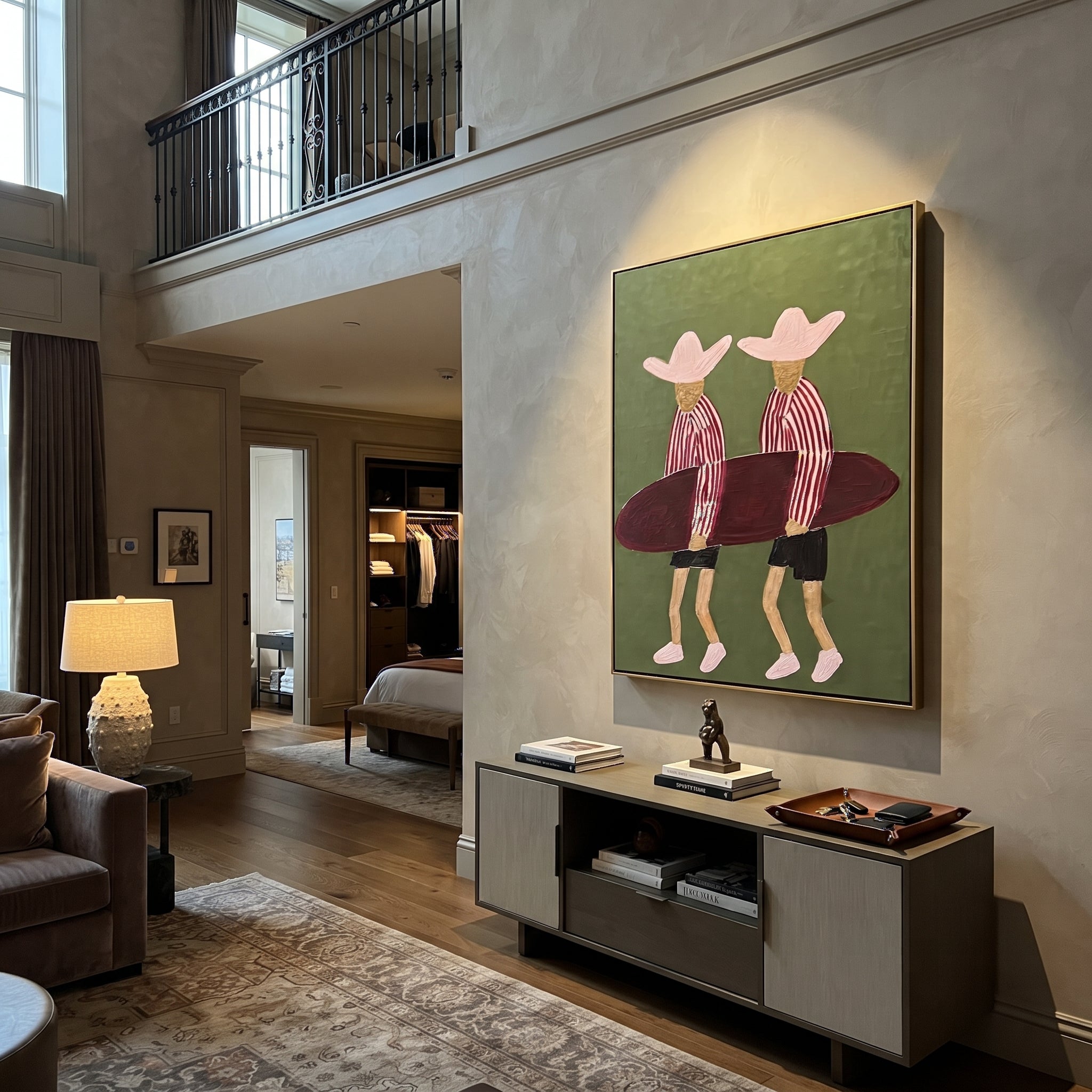 Twin Hats Carry Burgundy styled in a layered residential interior