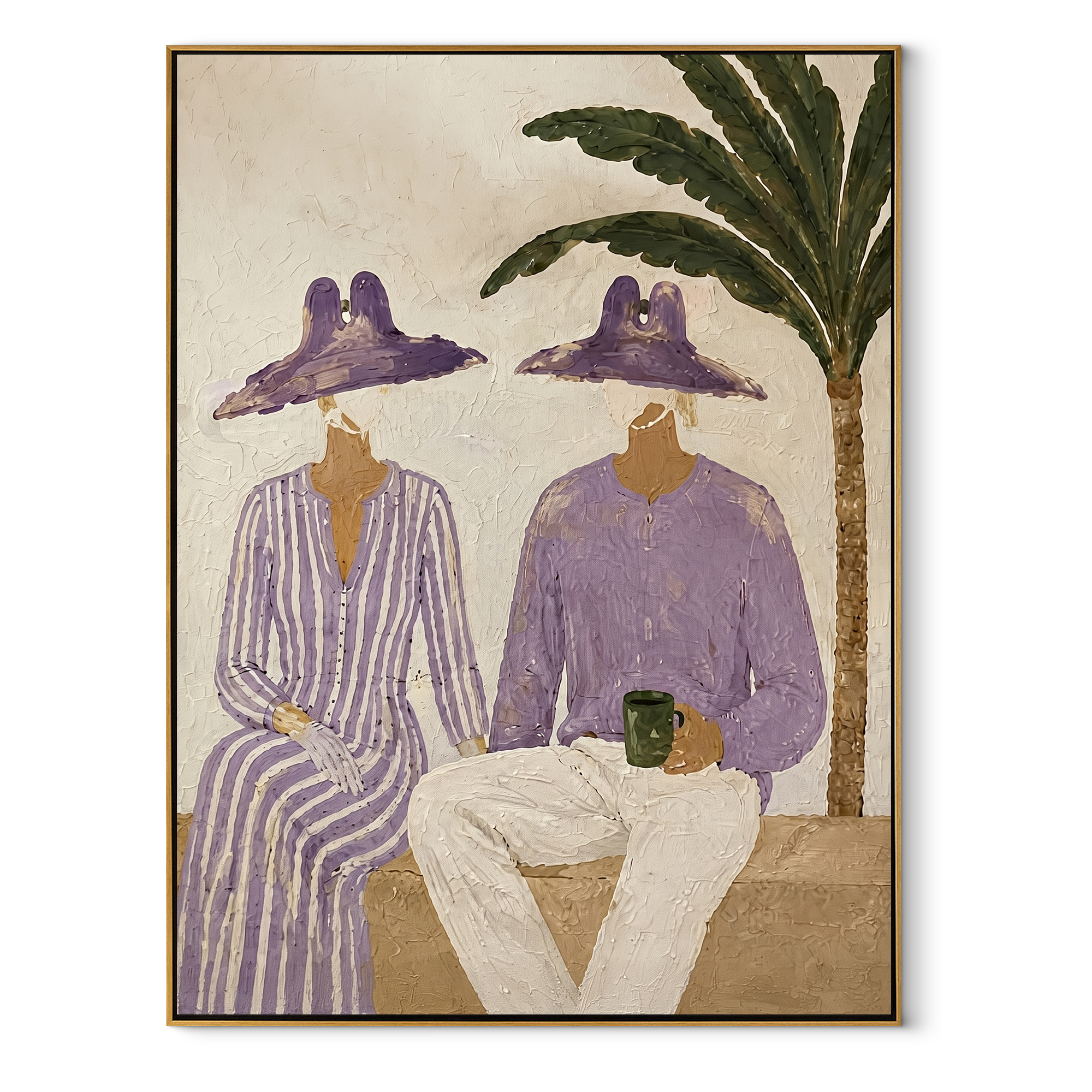 Purple Hats Share Coffee coastal figurative textured painting, vertical canvas artwork