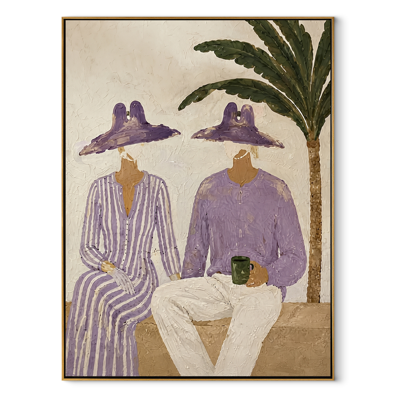 Purple Hats Share Coffee – Purple Hat Coffee Pair Painting | Modern Coastal Vertical Wall Art