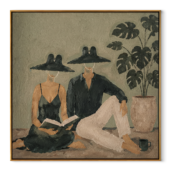 Black Hats Read Together – Reading Resort Couple Painting | Modern Coastal Square Wall Art