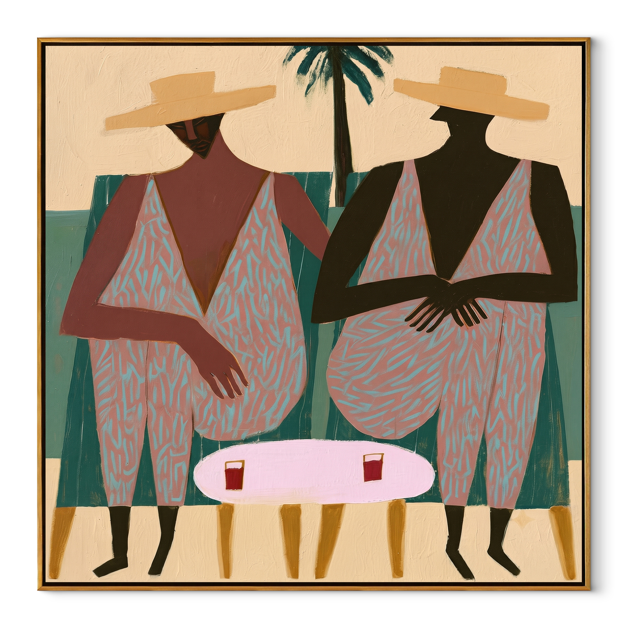 Palm Shade Holds Conversation coastal figurative textured painting, square canvas artwork