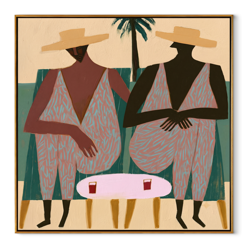 Palm Shade Holds Conversation – Pink Coastal Women Painting | Mid-Century Modern Square Wall Art