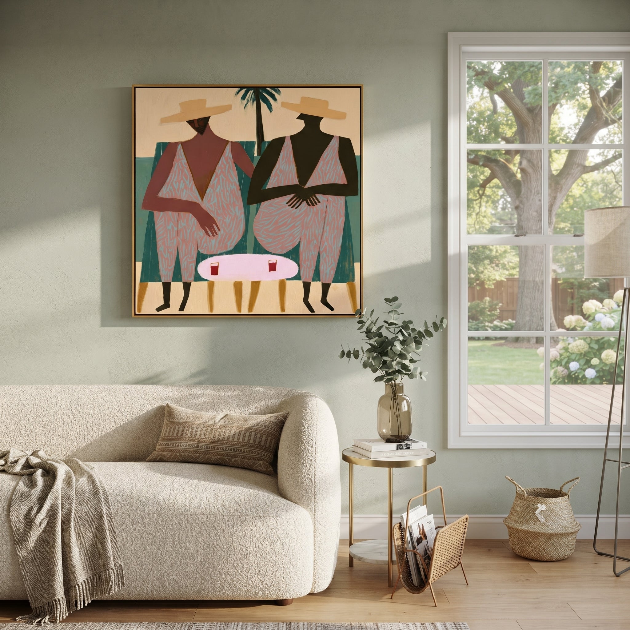 Palm Shade Holds Conversation styled with neutral modern furnishings